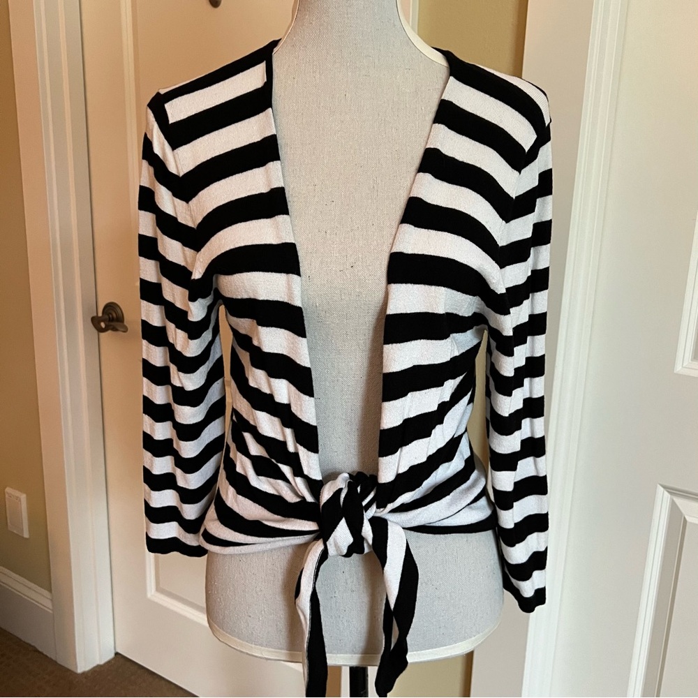 Willi Smith Wrap Cardigan Sweater in Black & White Stripe, Short & Cute!